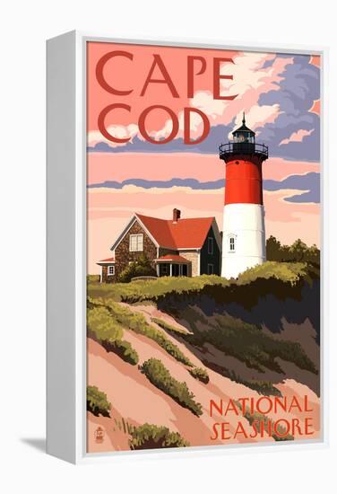 Cape Cod National Seashore - Nauset Light and Sunset-Lantern Press-Framed Stretched Canvas