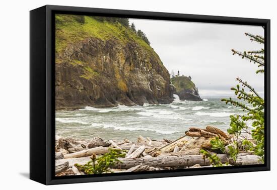 Cape Disappointment State Park, Washington. Surf crashing on the rocks at Cape Disappointment SP-Emily Wilson-Framed Premier Image Canvas