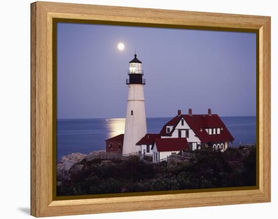 Cape Elizabeth Lighthouse with Full Moon, Portland, Maine, USA-Walter Bibikow-Framed Premier Image Canvas