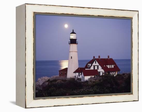 Cape Elizabeth Lighthouse with Full Moon, Portland, Maine, USA-Walter Bibikow-Framed Premier Image Canvas