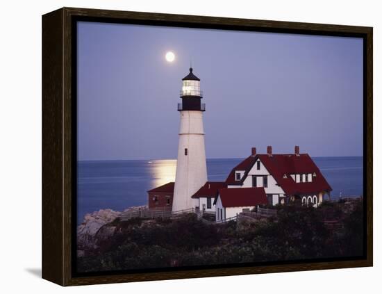Cape Elizabeth Lighthouse with Full Moon, Portland, Maine, USA-Walter Bibikow-Framed Premier Image Canvas
