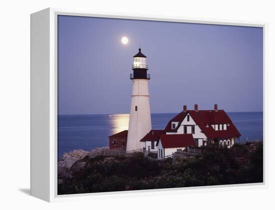 Cape Elizabeth Lighthouse with Full Moon, Portland, Maine, USA-Walter Bibikow-Framed Premier Image Canvas