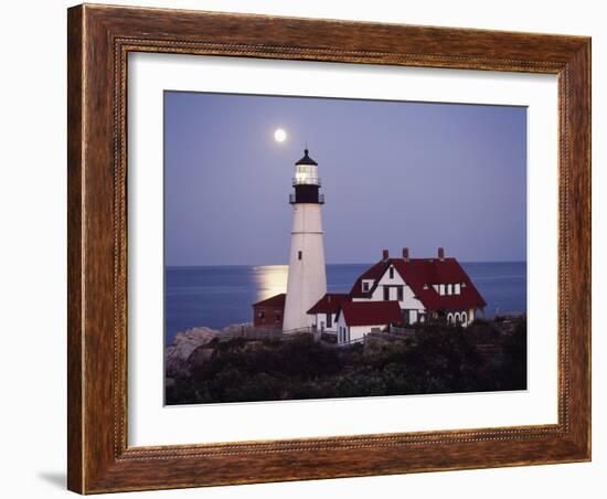 Cape Elizabeth Lighthouse with Full Moon, Portland, Maine, USA-Walter Bibikow-Framed Photographic Print