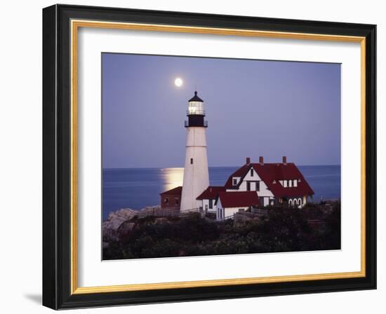 Cape Elizabeth Lighthouse with Full Moon, Portland, Maine, USA-Walter Bibikow-Framed Photographic Print