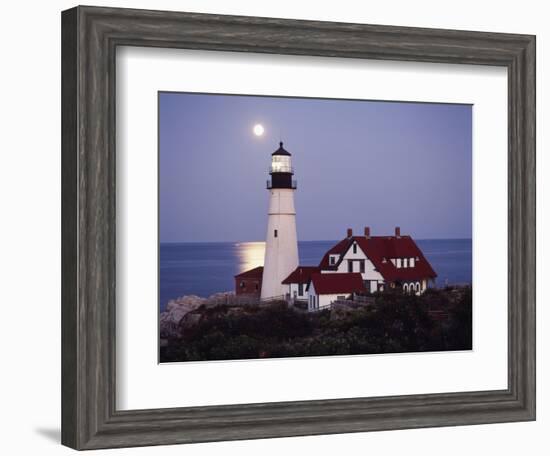 Cape Elizabeth Lighthouse with Full Moon, Portland, Maine, USA-Walter Bibikow-Framed Photographic Print