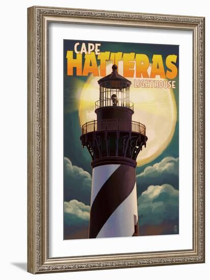 Cape Hatteras Lighthouse with Full Moon - Outer Banks, North Carolina-Lantern Press-Framed Art Print