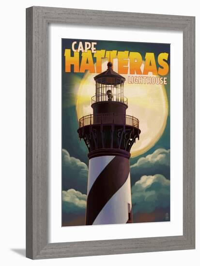 Cape Hatteras Lighthouse with Full Moon - Outer Banks, North Carolina-Lantern Press-Framed Art Print