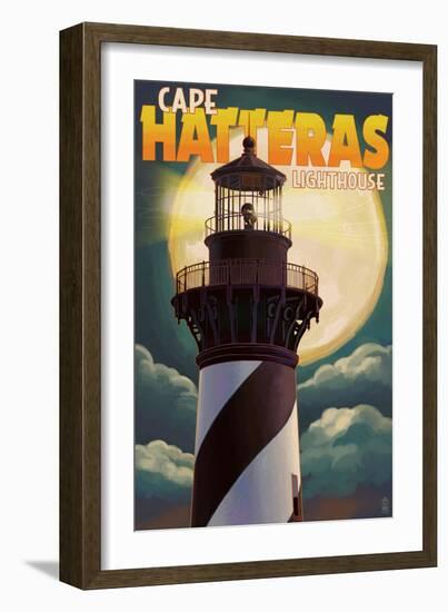 Cape Hatteras Lighthouse with Full Moon - Outer Banks, North Carolina-Lantern Press-Framed Art Print