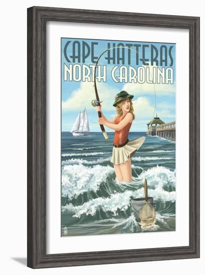 Cape Hatteras, North Carolina - Surf Fishing Pinup Girl-Lantern Press-Framed Art Print