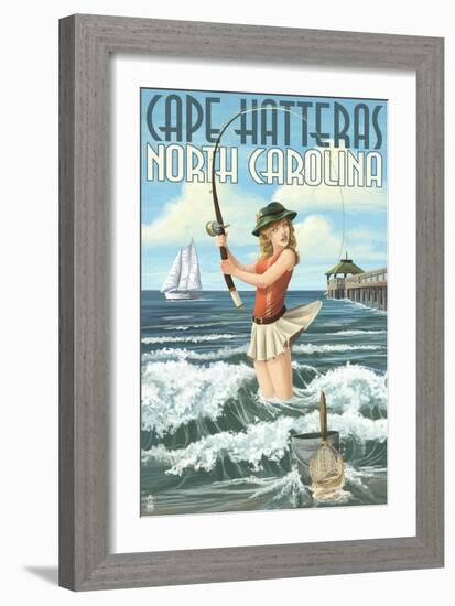 Cape Hatteras, North Carolina - Surf Fishing Pinup Girl-Lantern Press-Framed Art Print