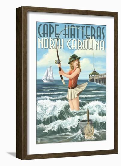 Cape Hatteras, North Carolina - Surf Fishing Pinup Girl-Lantern Press-Framed Art Print