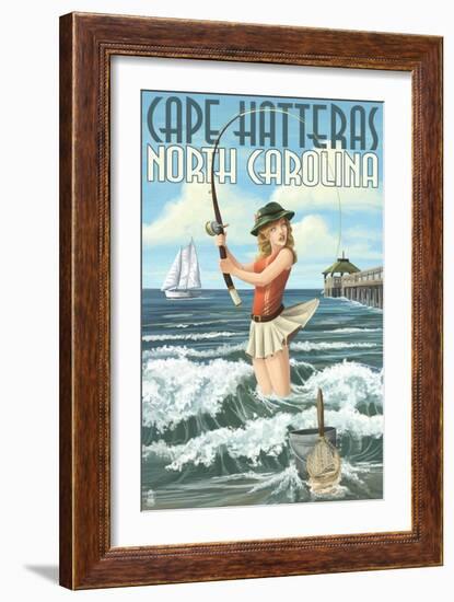 Cape Hatteras, North Carolina - Surf Fishing Pinup Girl-Lantern Press-Framed Art Print