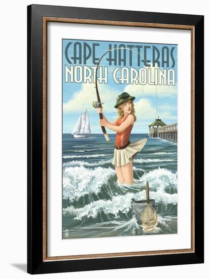 Cape Hatteras, North Carolina - Surf Fishing Pinup Girl-Lantern Press-Framed Art Print