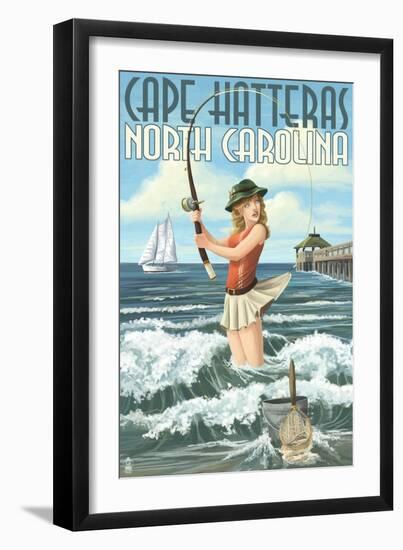 Cape Hatteras, North Carolina - Surf Fishing Pinup Girl-Lantern Press-Framed Art Print