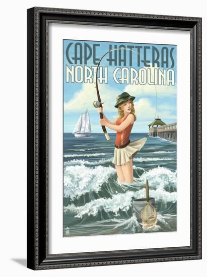 Cape Hatteras, North Carolina - Surf Fishing Pinup Girl-Lantern Press-Framed Art Print