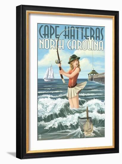 Cape Hatteras, North Carolina - Surf Fishing Pinup Girl-Lantern Press-Framed Art Print