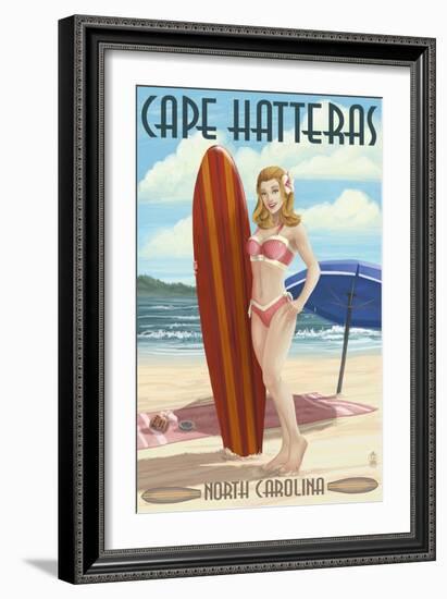 Cape Hatteras, North Carolina - Surfer Girl Pinup-Lantern Press-Framed Art Print