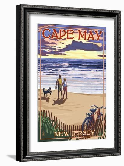 Cape May, New Jersey - Beach and Sunset-Lantern Press-Framed Art Print