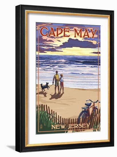 Cape May, New Jersey - Beach and Sunset-Lantern Press-Framed Art Print