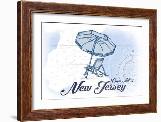 Cape May, New Jersey - Beach Chair and Umbrella - Blue - Coastal Icon-Lantern Press-Framed Art Print