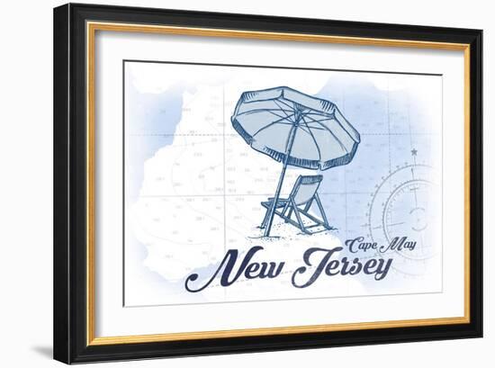 Cape May, New Jersey - Beach Chair and Umbrella - Blue - Coastal Icon-Lantern Press-Framed Art Print