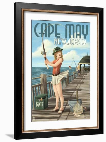 Cape May, New Jersey - Fishing Pinup Girl-Lantern Press-Framed Art Print