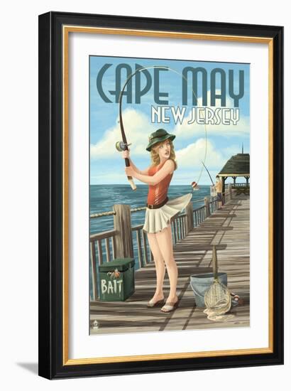 Cape May, New Jersey - Fishing Pinup Girl-Lantern Press-Framed Art Print