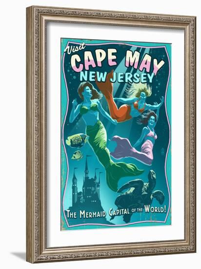 Cape May, New Jersey - Mermaids Vintage Sign-Lantern Press-Framed Art Print