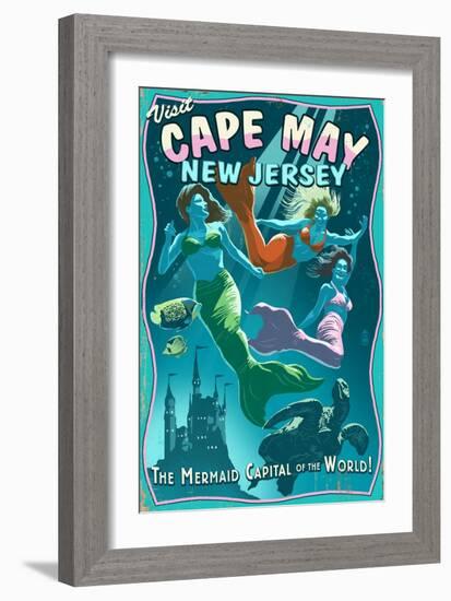 Cape May, New Jersey - Mermaids Vintage Sign-Lantern Press-Framed Art Print