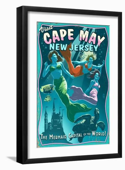 Cape May, New Jersey - Mermaids Vintage Sign-Lantern Press-Framed Art Print