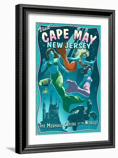 Cape May, New Jersey - Mermaids Vintage Sign-Lantern Press-Framed Art Print