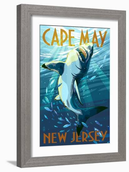 Cape May, New Jersey - Stylized Shark-Lantern Press-Framed Art Print