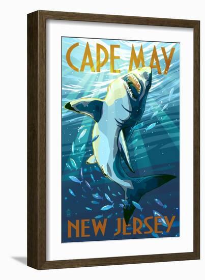 Cape May, New Jersey - Stylized Shark-Lantern Press-Framed Art Print