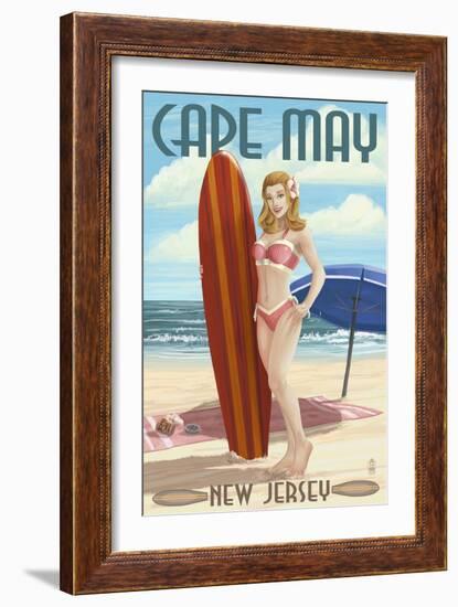 Cape May, New Jersey - Surfing Pinup Girl-Lantern Press-Framed Art Print