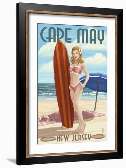 Cape May, New Jersey - Surfing Pinup Girl-Lantern Press-Framed Art Print