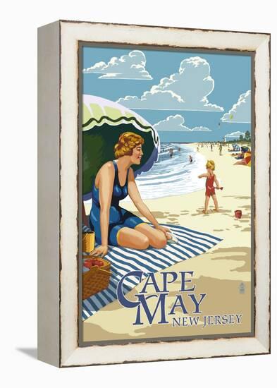 Cape May, New Jersey - Woman on Beach-Lantern Press-Framed Stretched Canvas