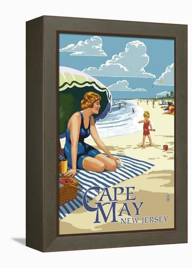 Cape May, New Jersey - Woman on Beach-Lantern Press-Framed Stretched Canvas