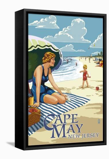 Cape May, New Jersey - Woman on Beach-Lantern Press-Framed Stretched Canvas