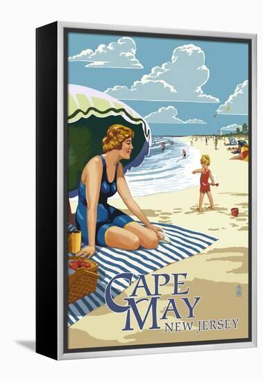 Cape May, New Jersey - Woman on Beach-Lantern Press-Framed Stretched Canvas