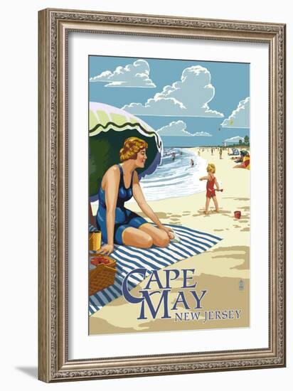 Cape May, New Jersey - Woman on Beach-Lantern Press-Framed Art Print