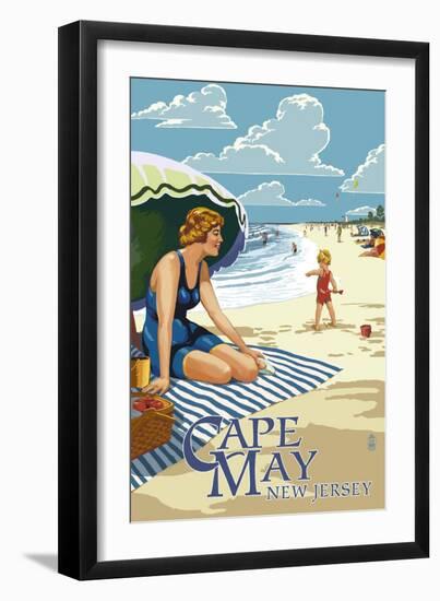 Cape May, New Jersey - Woman on Beach-Lantern Press-Framed Art Print