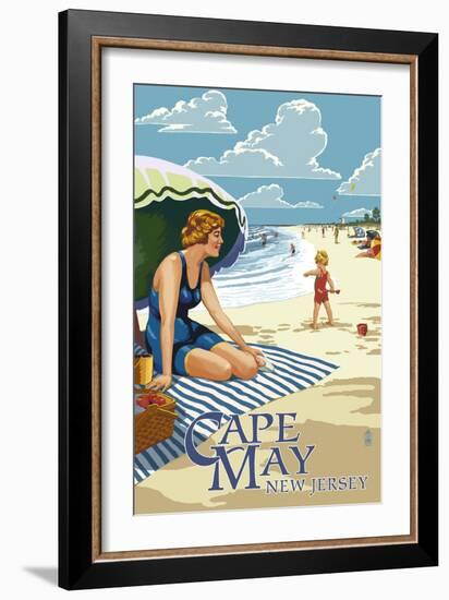 Cape May, New Jersey - Woman on Beach-Lantern Press-Framed Art Print