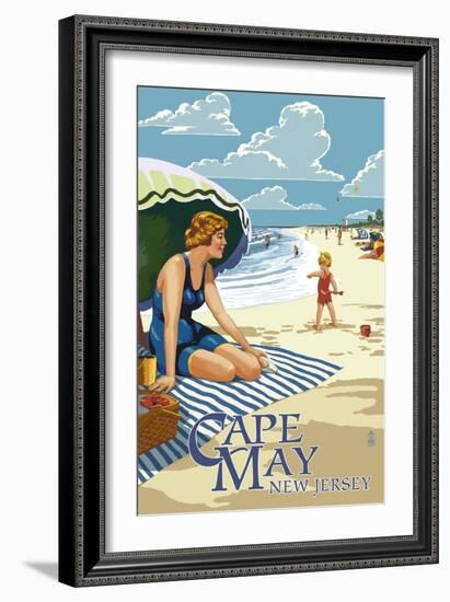 Cape May, New Jersey - Woman on Beach-Lantern Press-Framed Art Print