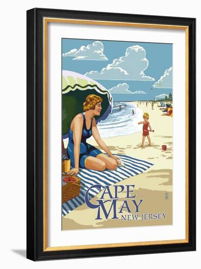 Cape May, New Jersey - Woman on Beach-Lantern Press-Framed Art Print