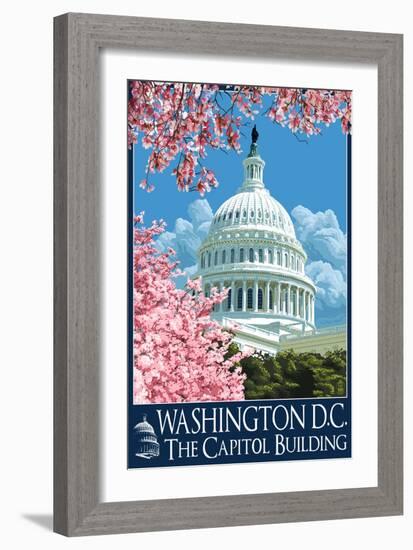 Capitol Building and Cherry Blossoms - Washington DC-Lantern Press-Framed Art Print