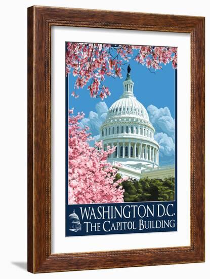 Capitol Building and Cherry Blossoms - Washington DC-Lantern Press-Framed Art Print