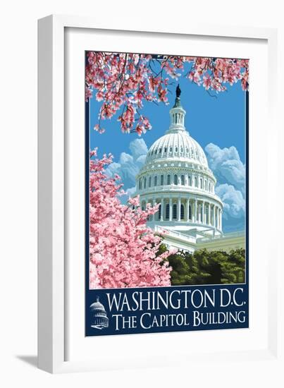 Capitol Building and Cherry Blossoms - Washington DC-Lantern Press-Framed Art Print