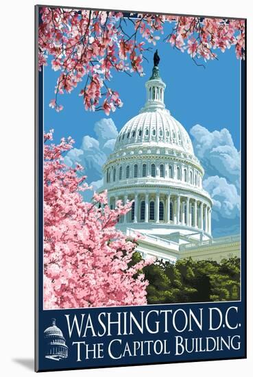 Capitol Building and Cherry Blossoms - Washington DC-Lantern Press-Mounted Art Print