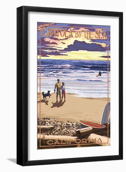 Capitola, California - Capitola by the Sea Sunset Beach Scene-Lantern Press-Framed Art Print