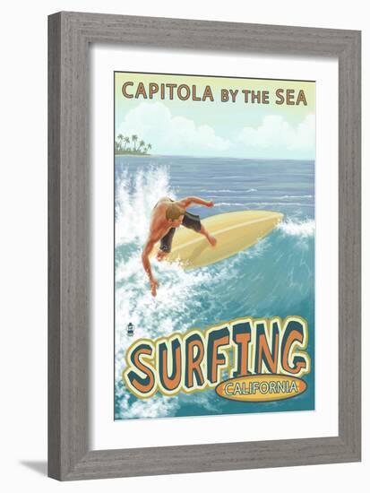 Capitola, California - Capitola by the Sea Surfer Scene-Lantern Press-Framed Art Print